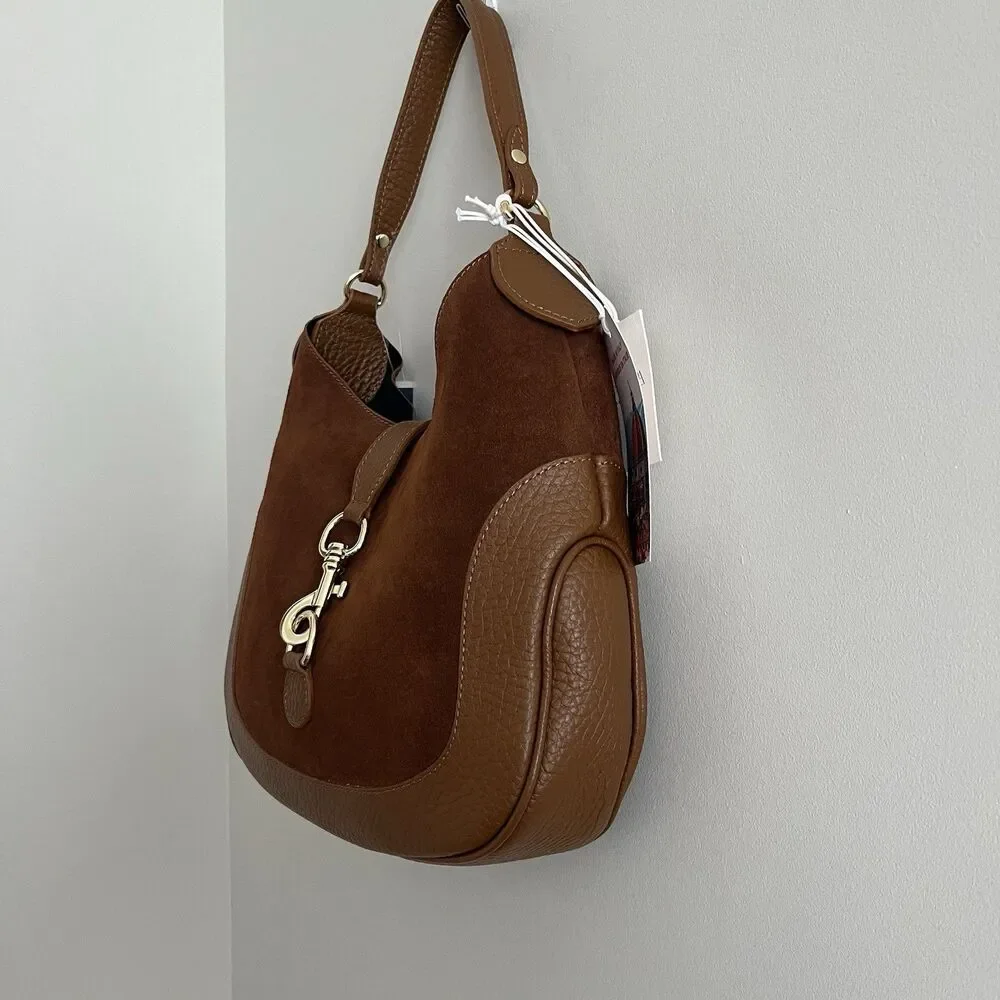 Isadora Italy Crescent Hobo Bag Brown Suede Leather Equestrian Preppy Heritage
